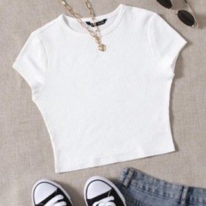 White Rib-knit Solid Tee